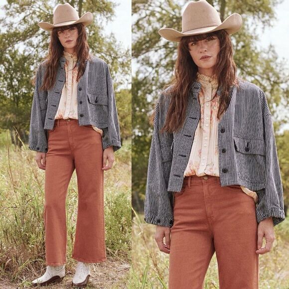 THE GREAT. Size 3 (US L) Pilot Swing Striped Cropped Boxy Cargo Jacket Stripe - Picture 1 of 14